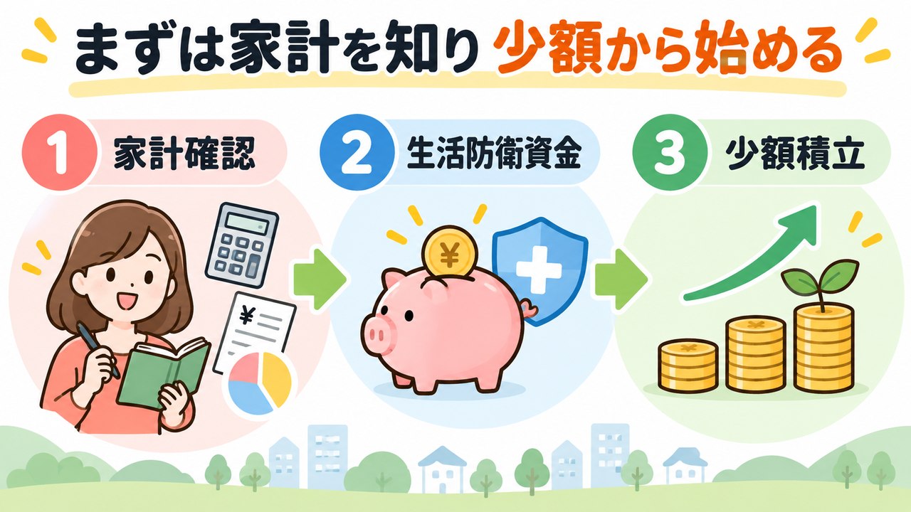 家計確認、生活防衛資金、少額積立という資産形成の順番を示す図
