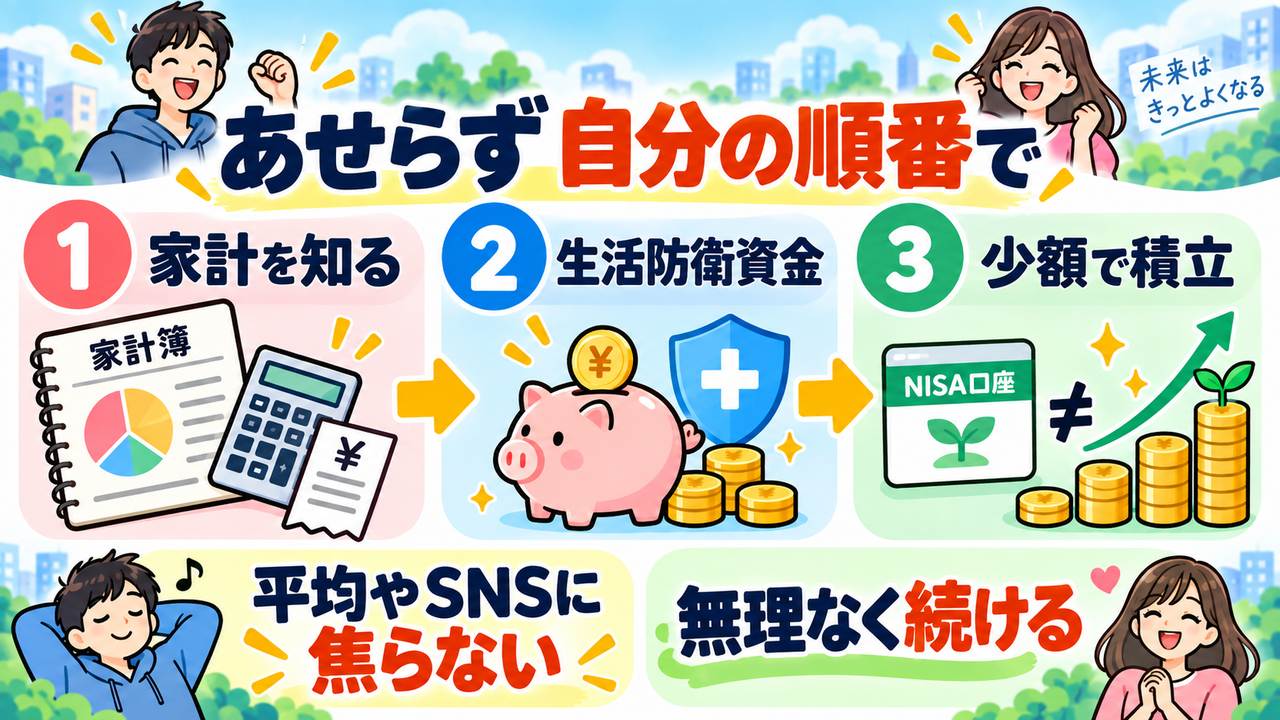 家計を知り生活防衛資金を確保して少額積立を続ける流れを示す図