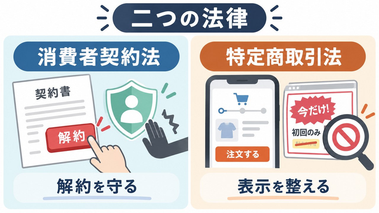 消費者契約法と特定商取引法の役割を示す図