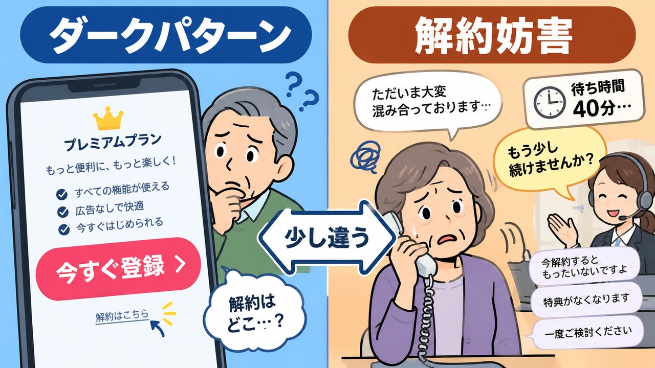 ダークパターンと解約妨害の違いを示す図
