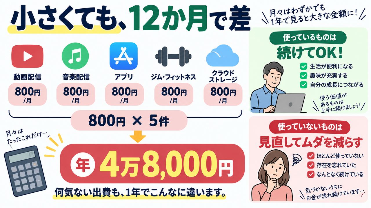 月額800円のサブスク5件が年間4万8000円になることを示す図