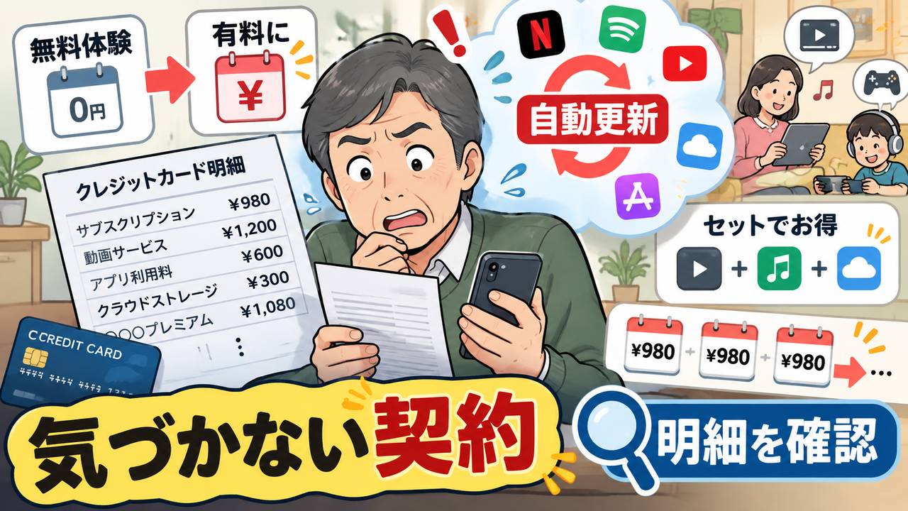 無料期間や自動更新によって気づかないまま続く契約を示す図