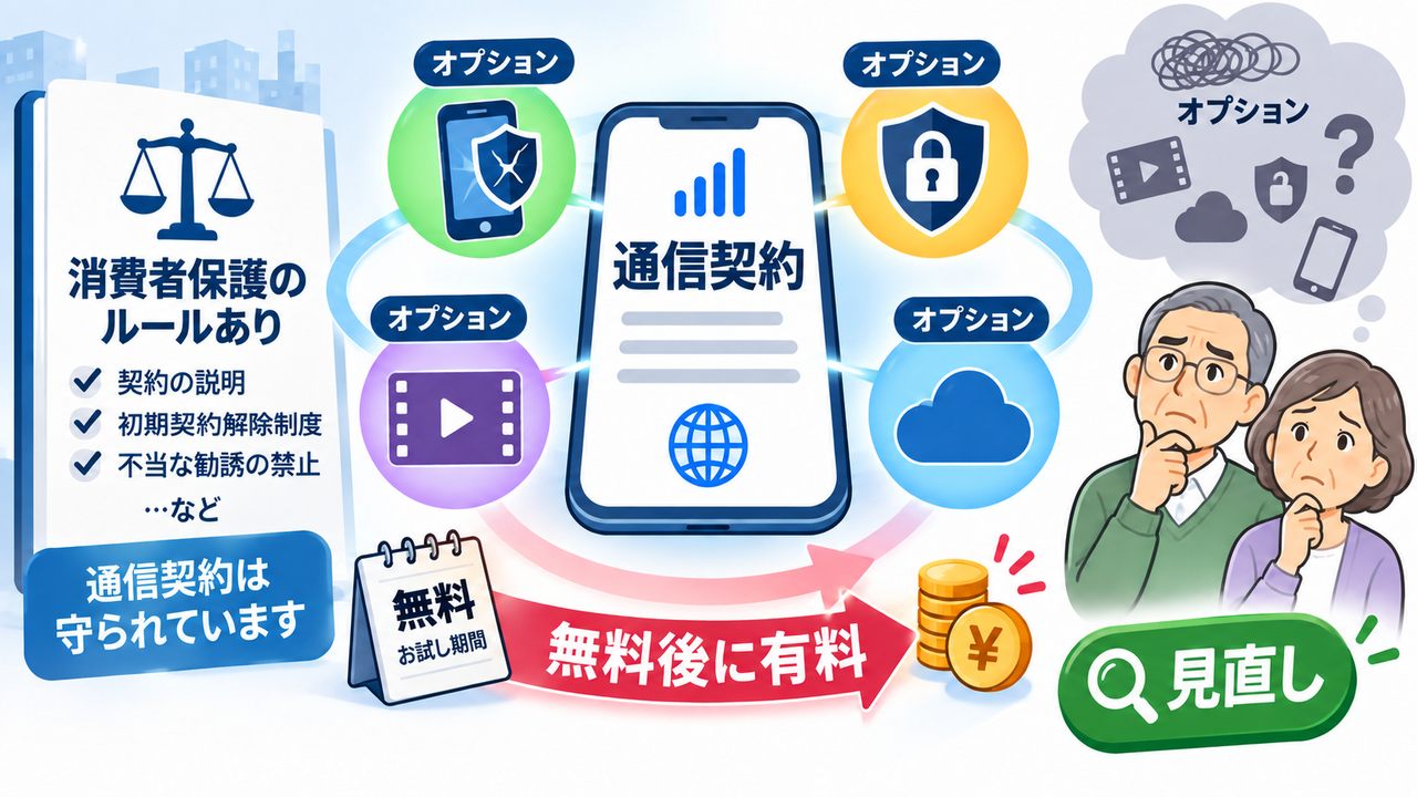 通信契約の消費者保護制度と付随オプションを示す図