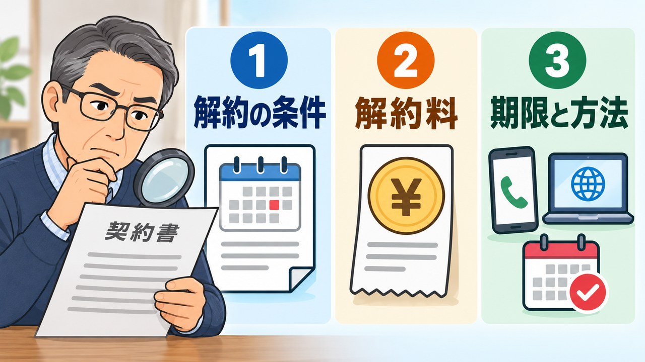 契約前に確認する三つの項目を示す図
