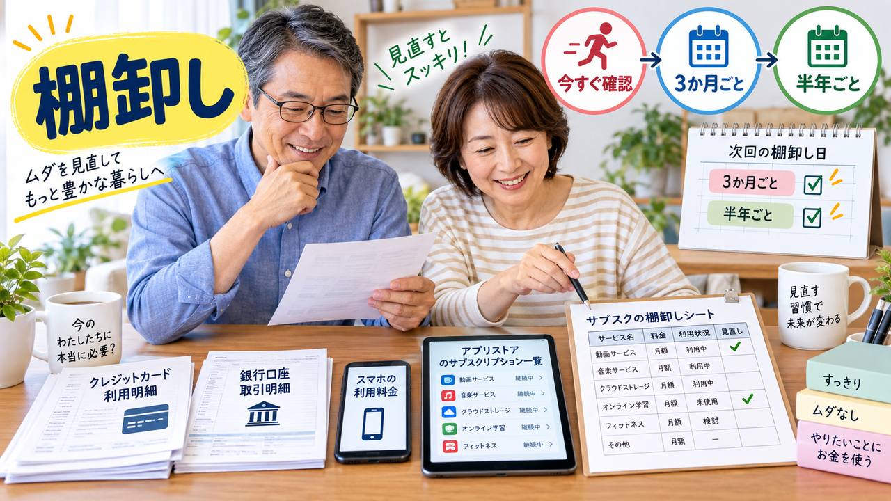サブスクを今すぐ確認し定期的に棚卸しする様子を示す図