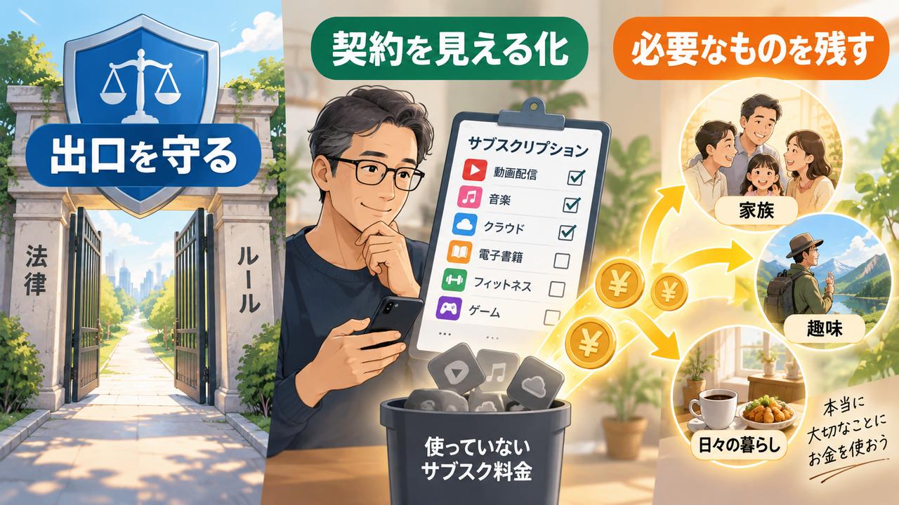 制度と契約の見える化で家計を守る考え方を示す図