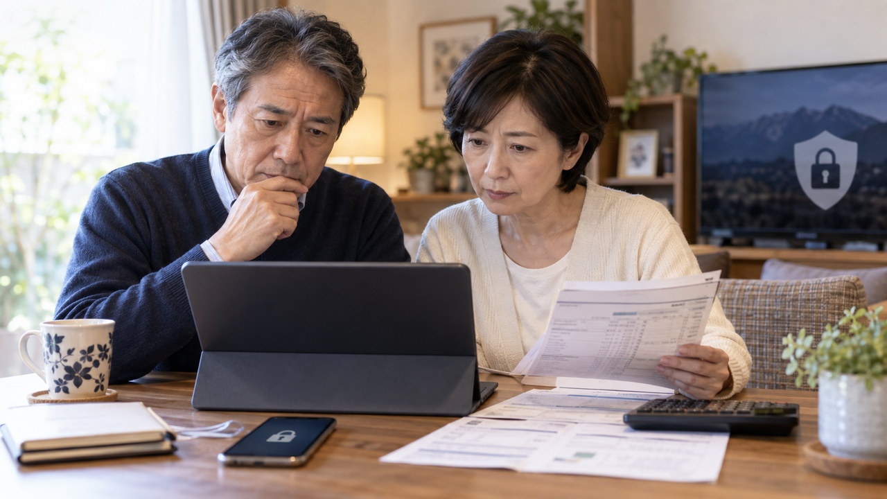 証券口座の安全を夫婦で確認する様子