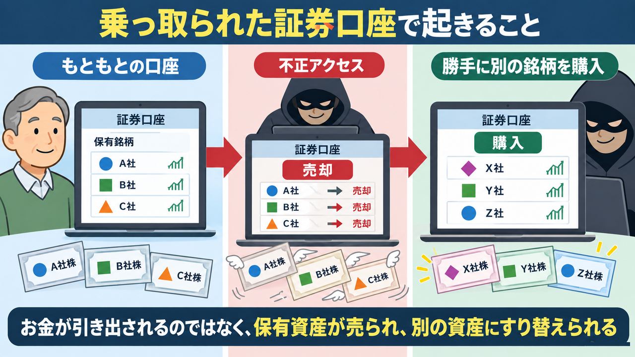 乗っ取られた証券口座で保有銘柄が売却され別の銘柄へすり替えられる流れ