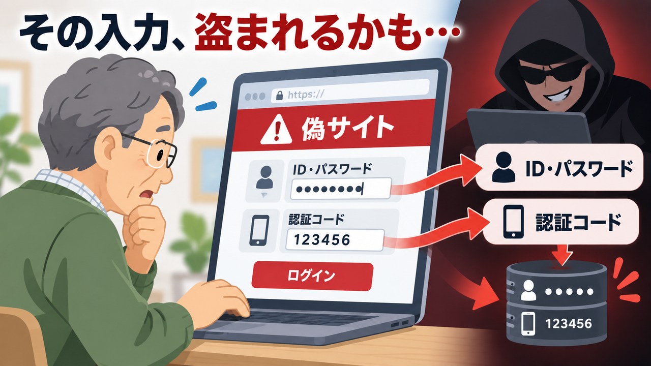 偽サイトに入力したIDとパスワードと認証コードが盗まれる仕組み