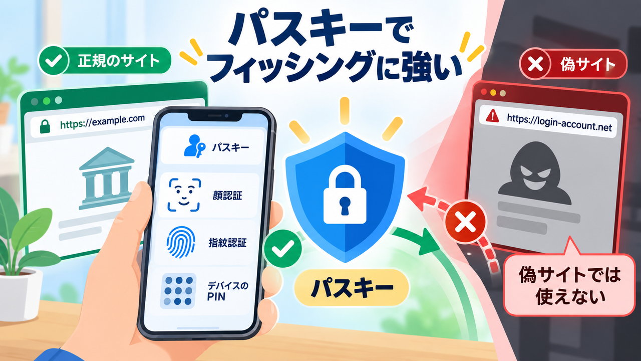 正規サイトでは使えて偽サイトでは認証が成立しないパスキーの仕組み