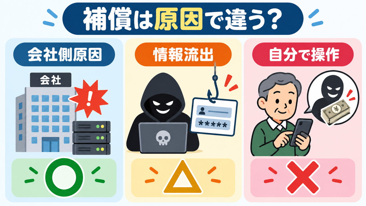 証券口座の被害原因による補償の違いを示す図