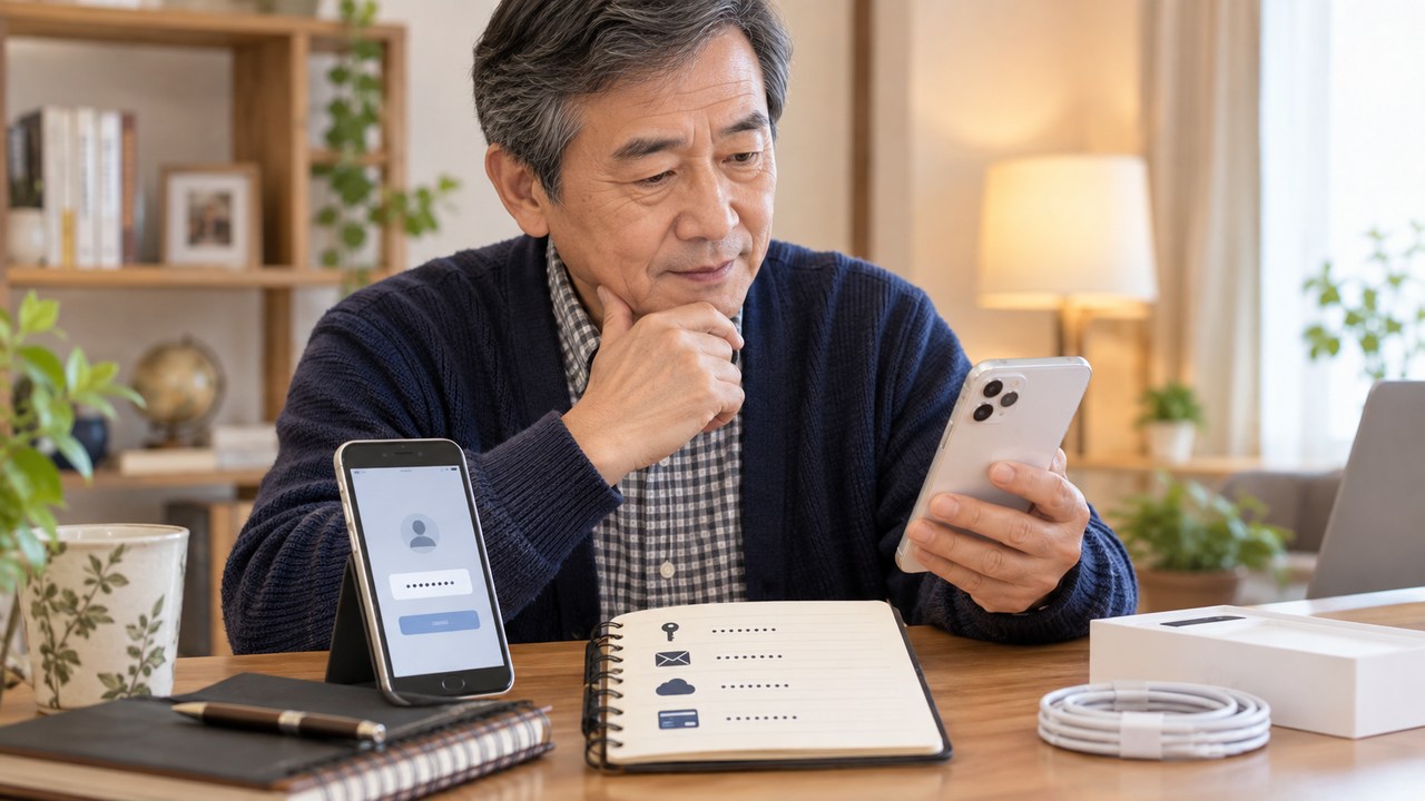 新旧のスマートフォンを前にログイン情報を確認する男性