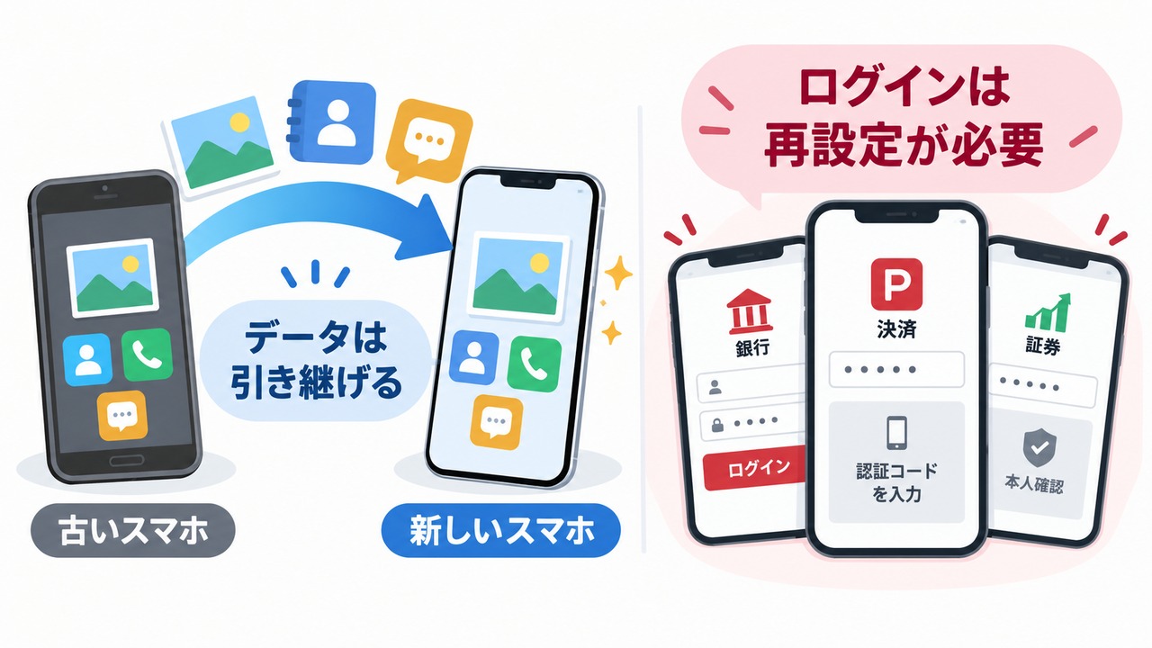 データ移行と金融アプリのログイン再設定の違いを示す図