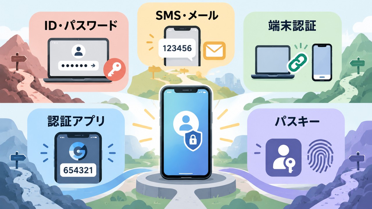 IDとパスワード、SMS、端末認証、認証アプリ、パスキーの五つの認証方式