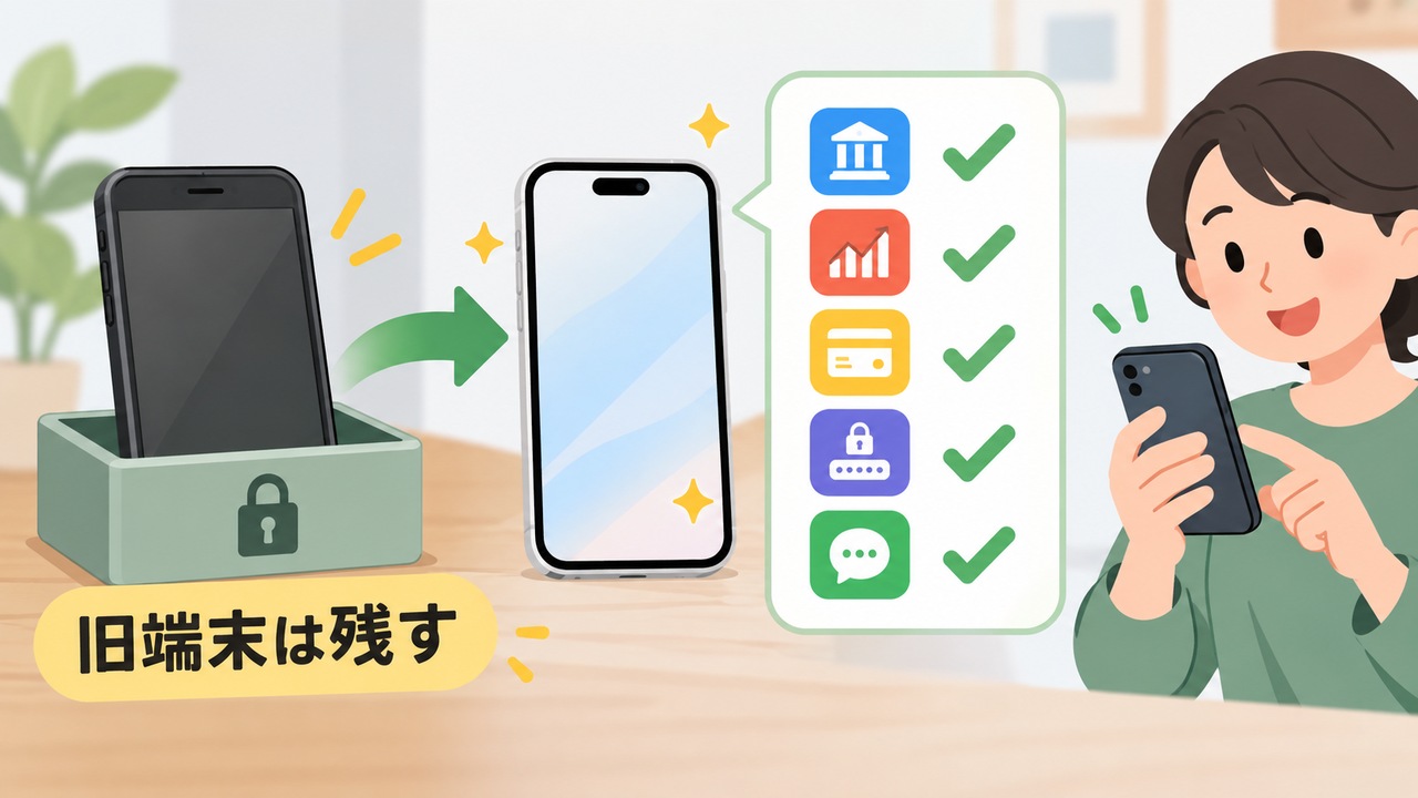 新端末で重要なアプリを確認するまで旧端末を残す様子