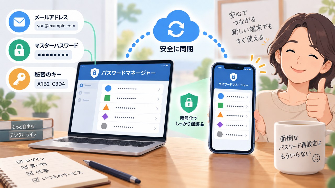 パスワード管理アプリの情報を新しい端末へ安全に同期する図