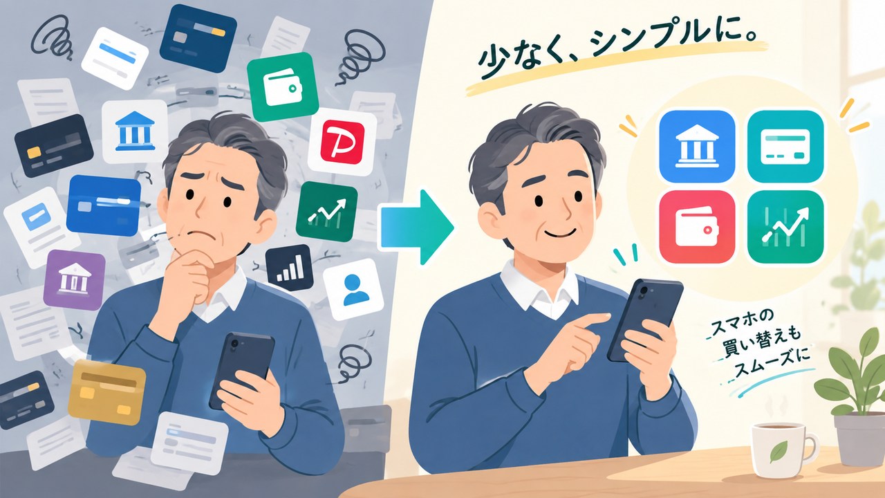 増えすぎた金融サービスを管理できる数へ整理する様子