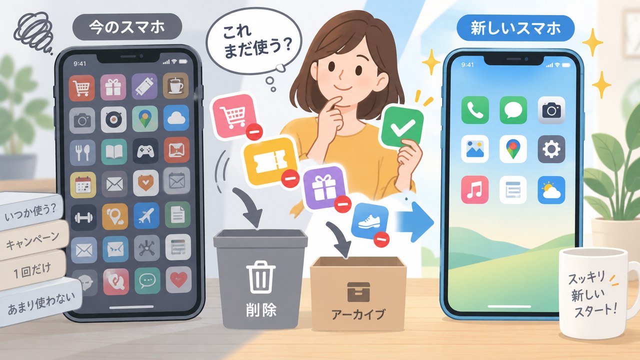 古いスマートフォンのアプリを必要なものと不要なものに分ける様子
