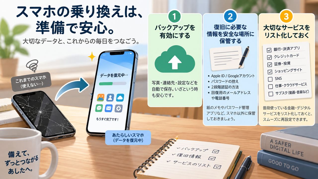 スマートフォンの故障に備えるバックアップと復旧情報とサービス一覧