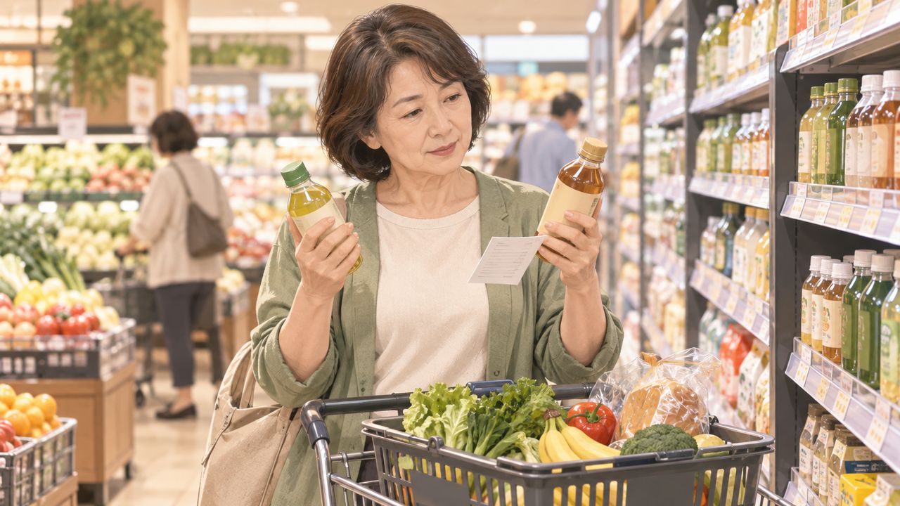 スーパーで商品価格と税率を確認する女性