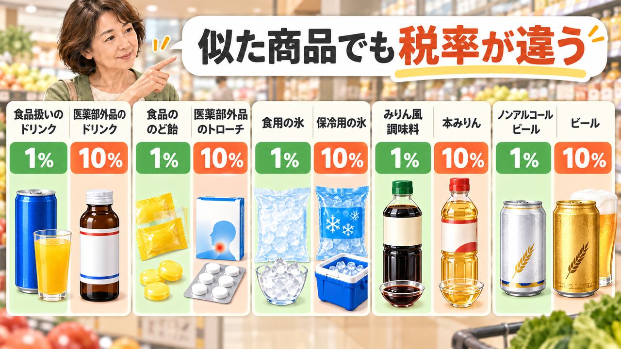似た商品でも食品か医薬部外品かなどにより税率が1%と10%に分かれる例
