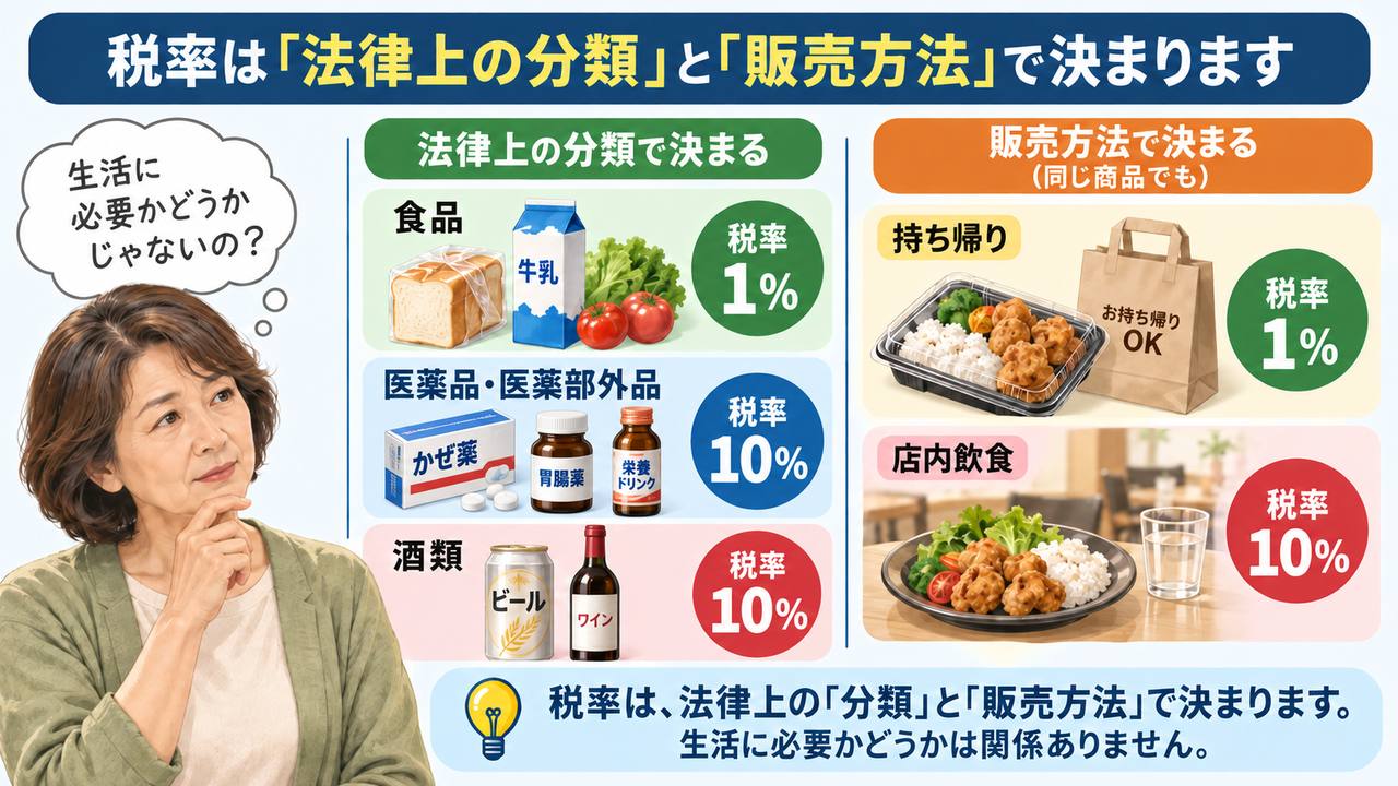 税率は法律上の分類と持ち帰りや店内飲食などの販売方法で決まることを示す図
