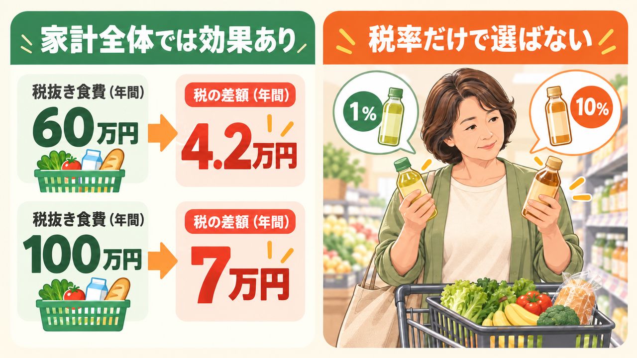 年間の税抜き食費60万円なら税額差4万2千円、100万円なら7万円になる試算