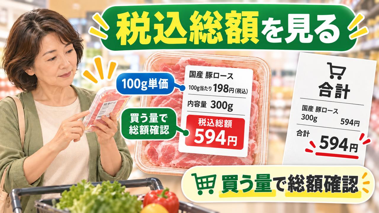 100グラム当たり税込198円の商品を300グラム買うと税込総額594円になる例