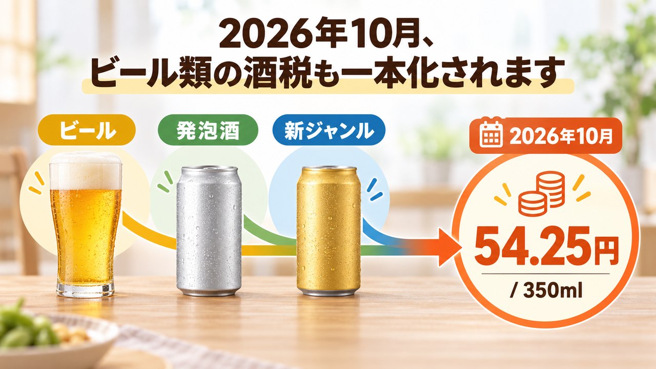 2026年10月にビール系飲料の酒税が350ミリリットル当たり54.25円へ一本化される図