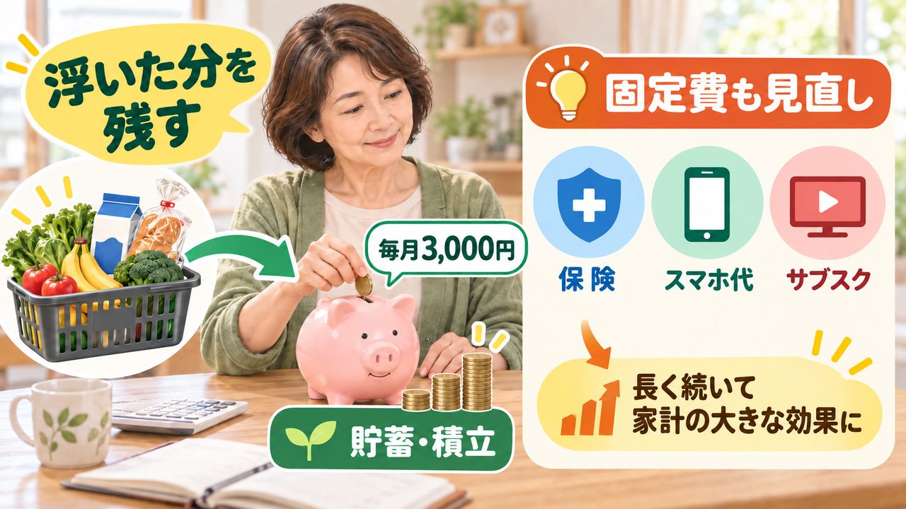 減税で浮いたお金を貯蓄や積み立てに回して家計に残す様子