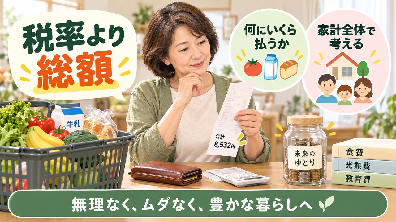 目先の税率だけでなく家計全体と実際の支払額を見ることを示す図