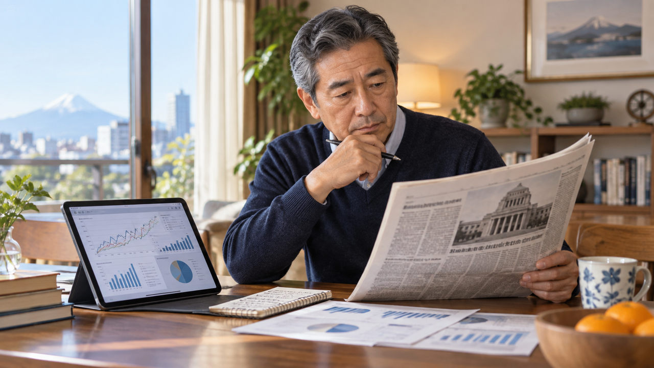 新聞と複数の経済データを見比べる男性