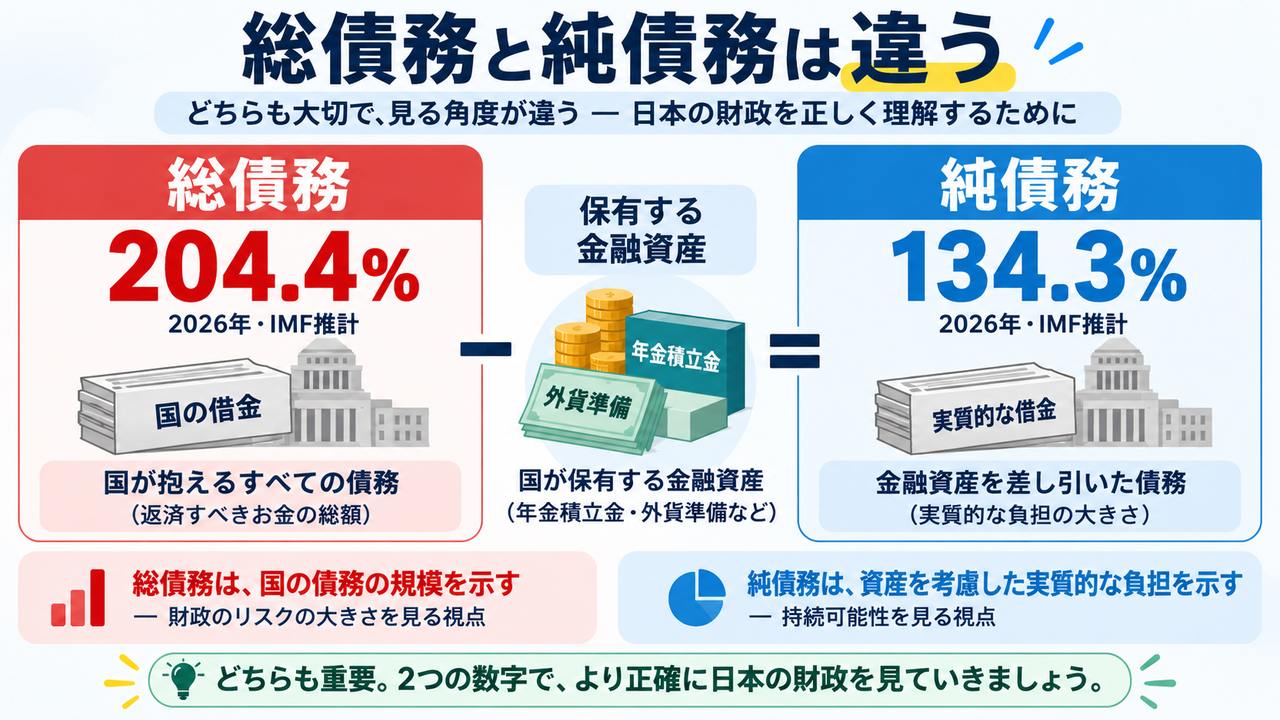 一般政府の総債務204.4%と純債務134.3%の違い