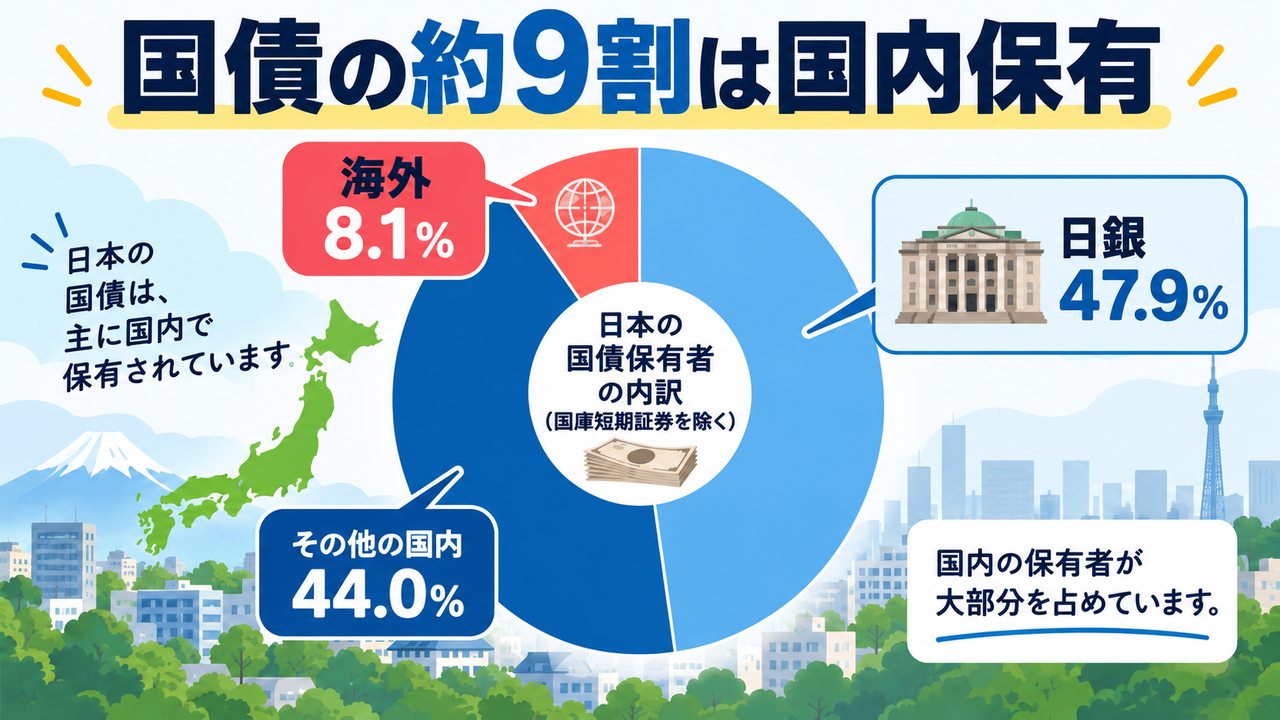 国債の国内保有約91.9%、海外保有8.1%、日本銀行保有47.9%