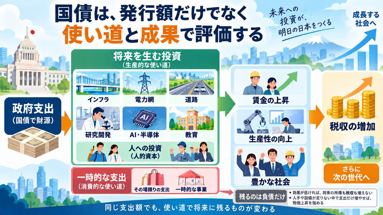 国債を財源とする支出を使い道と将来の成果で評価する図
