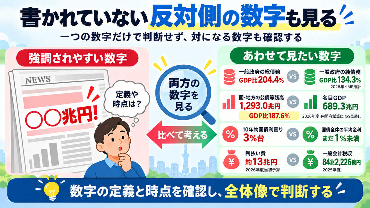 総債務と純債務、公債等残高と名目GDP、長期金利と平均金利、利払い費と税収を対にして見る図