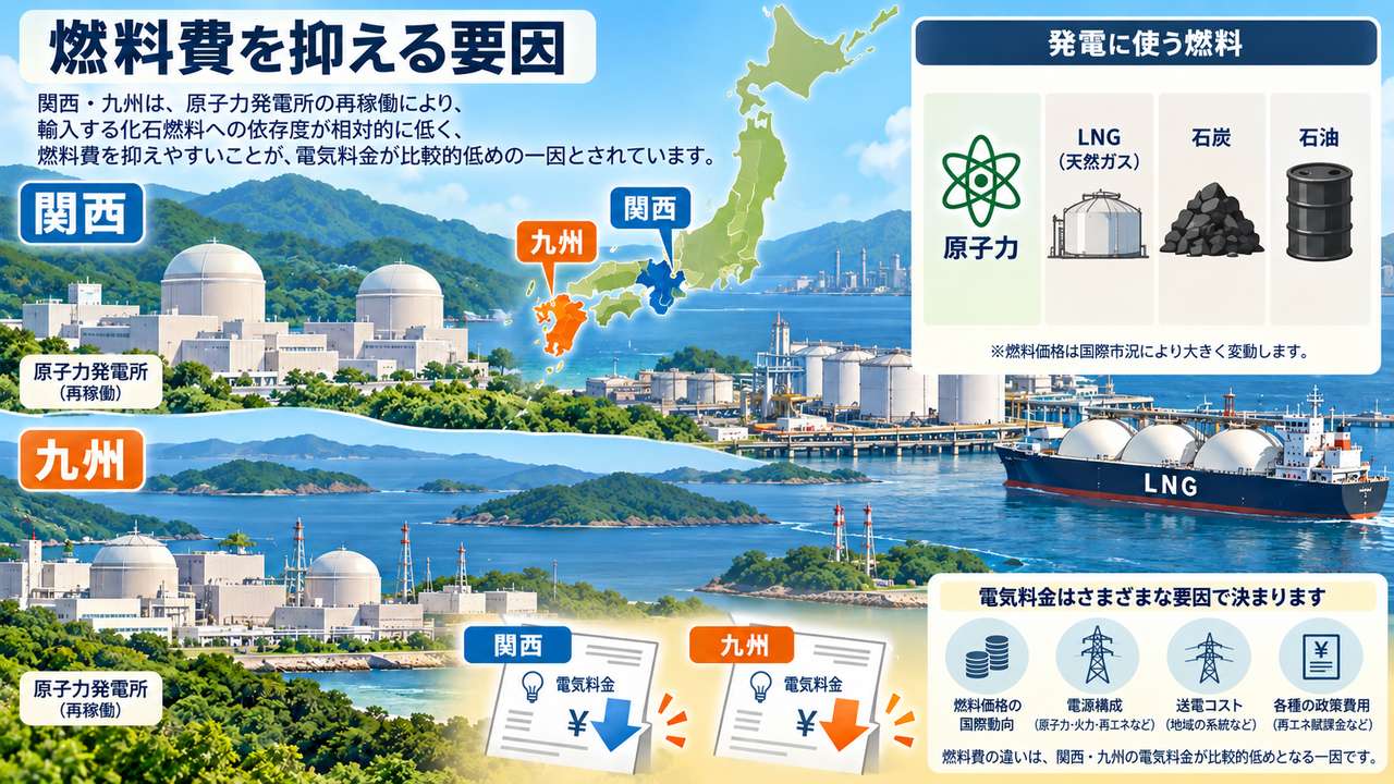 関西と九州で原子力発電所の稼働が輸入燃料費を抑える要因になることを示す図
