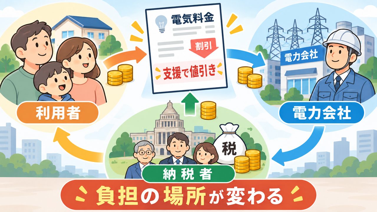 電気料金の負担が利用者、電力会社、納税者の間で移る仕組み