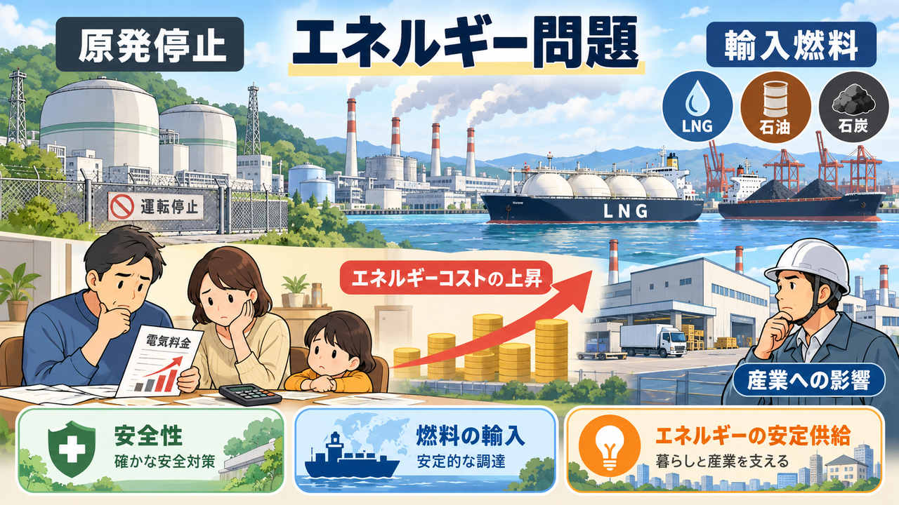 原発停止、輸入燃料、エネルギーコスト、安全性と安定供給の課題