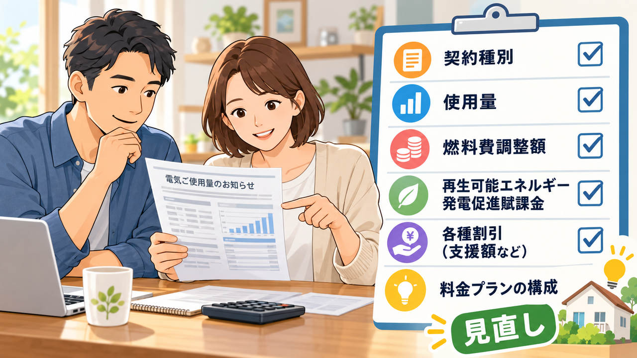 電気料金の契約種別、使用量、燃料費調整額、再エネ賦課金、割引、料金プランを確認する図