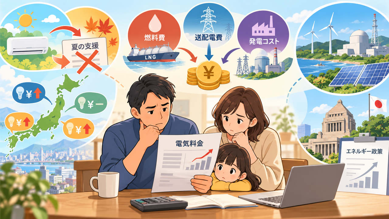 支援終了、燃料費、送配電費、発電コスト、地域差とエネルギー政策をつないで考える図