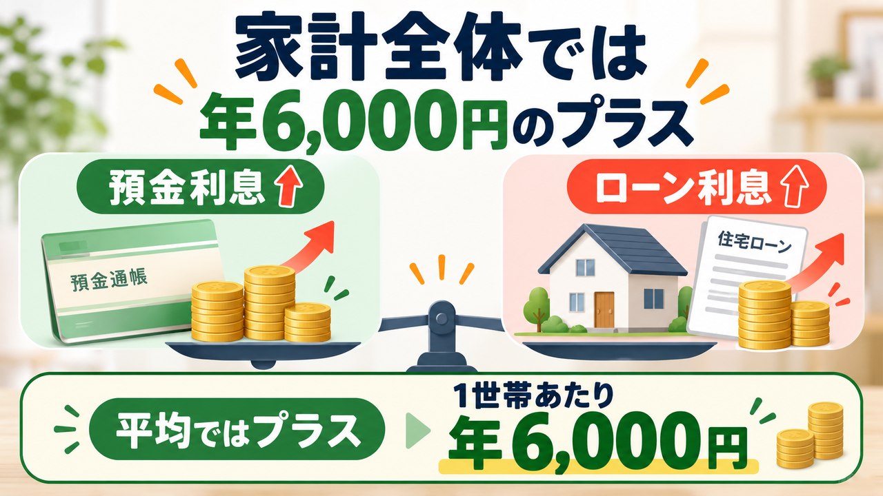 預金利息の増加とローン利息の増加を合計すると、家計全体の平均では年6,000円のプラスになる図