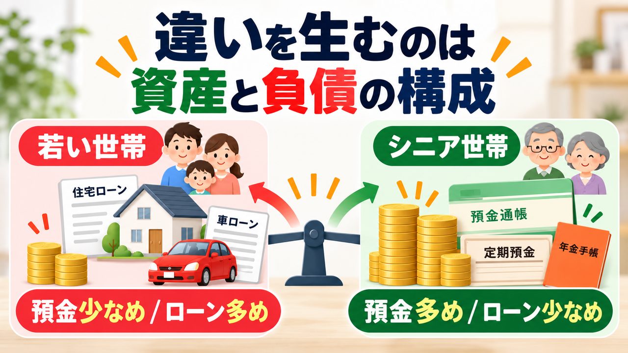 若い世帯は預金が少なくローンが多く、シニア世帯は預金が多くローンが少ない傾向を示す図
