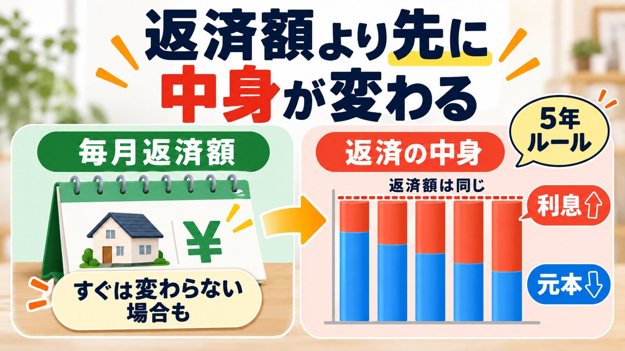 5年ルールで毎月返済額が変わらなくても利息割合が増え元本の減りが遅くなる図