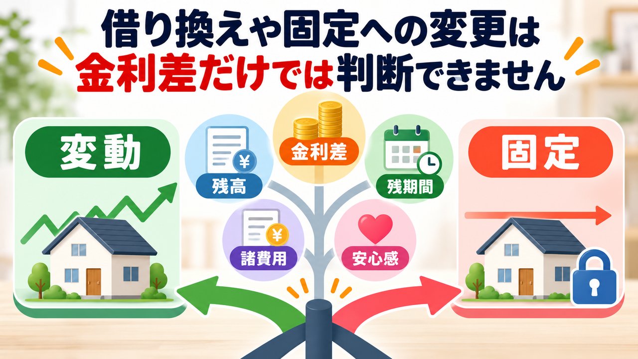 借り換えや固定金利への変更を残高、金利差、残期間、諸費用、安心感で判断する図