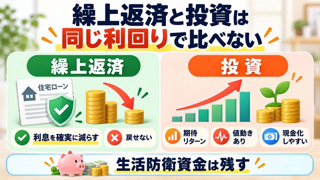 繰上返済の確実な利息軽減と投資の期待リターン、値動き、換金性を比べる図