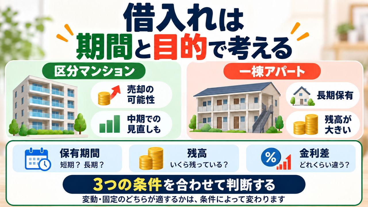 区分マンションと一棟アパートを例に保有期間、残高、金利差で借入れを考える図