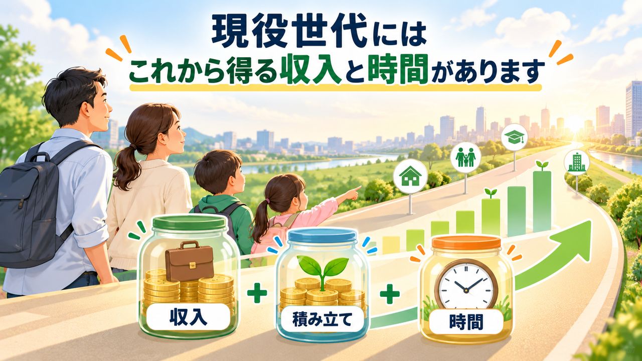 現役世代にはこれから得る収入、積み立て、資産形成に使える時間があることを示す図