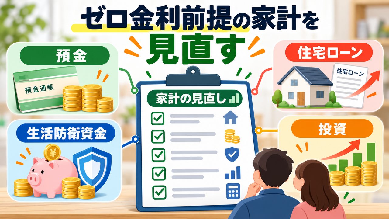 預金、住宅ローン、生活防衛資金、投資を並べてゼロ金利前提の家計を見直す図