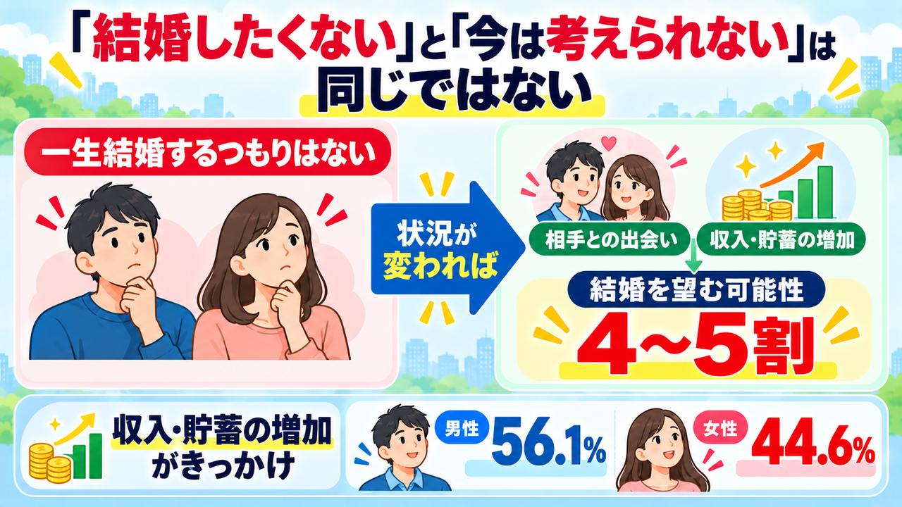 結婚を望まない人のうち状況が変われば結婚を望む可能性がある人と、収入や貯蓄をきっかけに挙げた割合